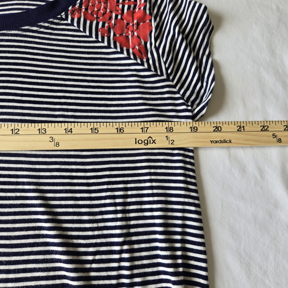 Navy & White Striped Tee with Red Floral Shoulder Accent - Picture 5 of 7